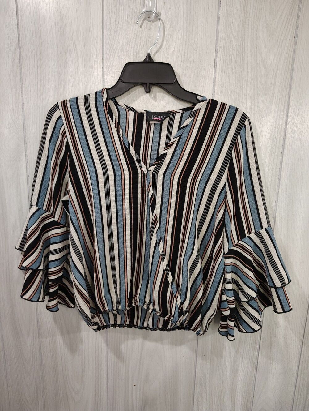 Vintage Discreet Women's Striped Bell Sleeve Blouse V Neck Size S USA